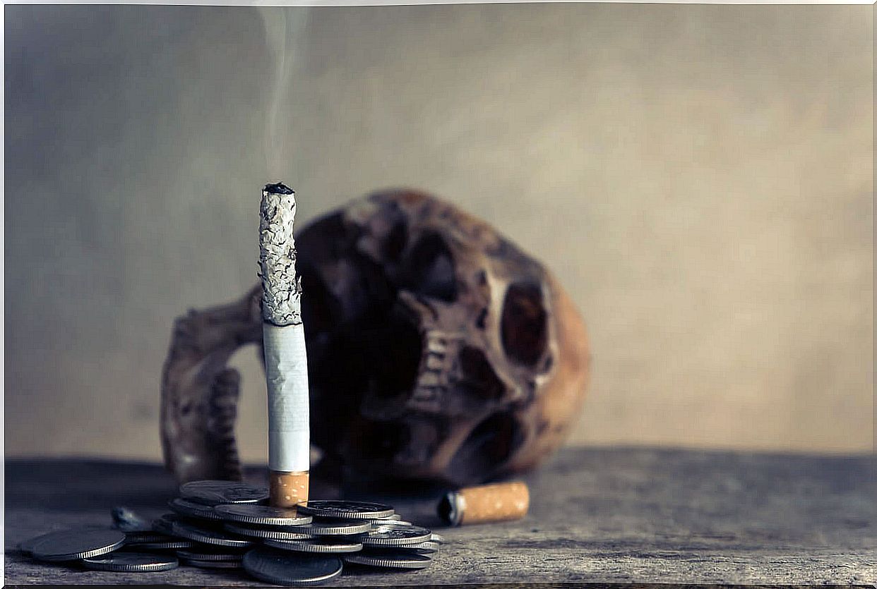 Cigarette, skull and coins.